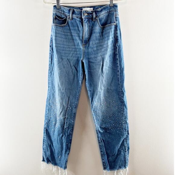 LOFT High Rise Straight Leg Raw Frayed Hem Rhinestone Jeans Blue 2 / 26 - Picture 2 of 10